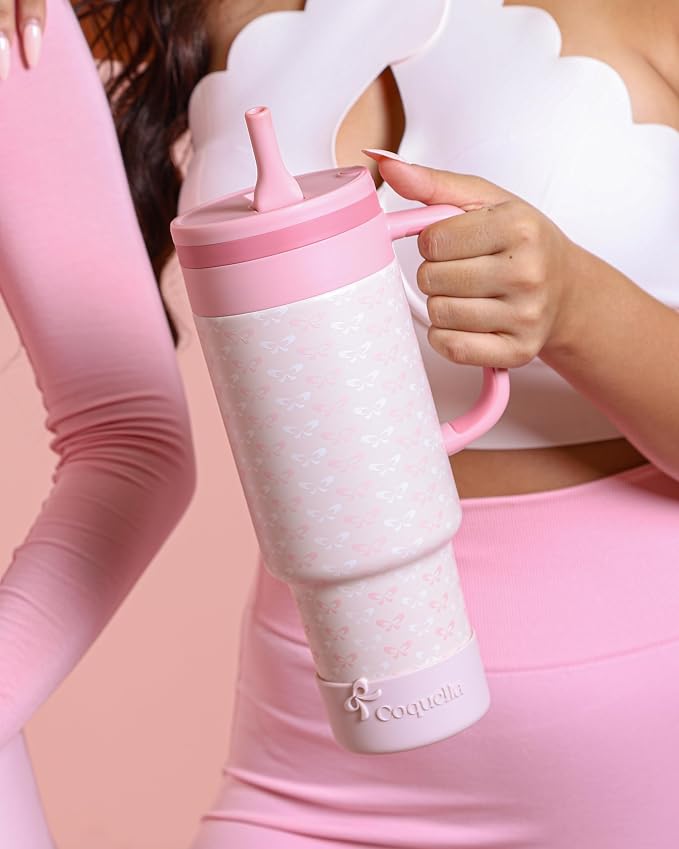 40 oz Insulated Tumbler with Handle and Push-Button Straw Lid, Stainless Steel - Image 7