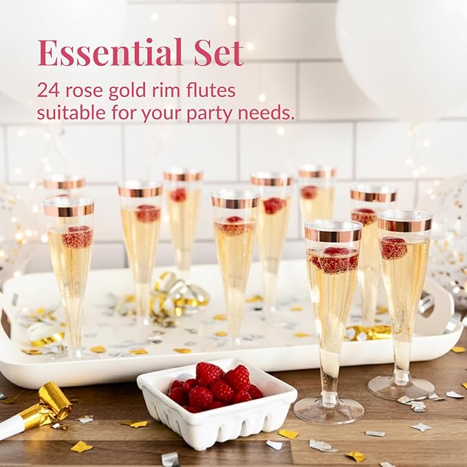 Prestee Set of 24 Plastic Champagne Flutes with Rose Gold Rim - 4.5 oz - Shatterproof Disposable Glasses - Elegant Design - Ideal for Weddings, Cocktail Parties, and Outdoor Celebrations