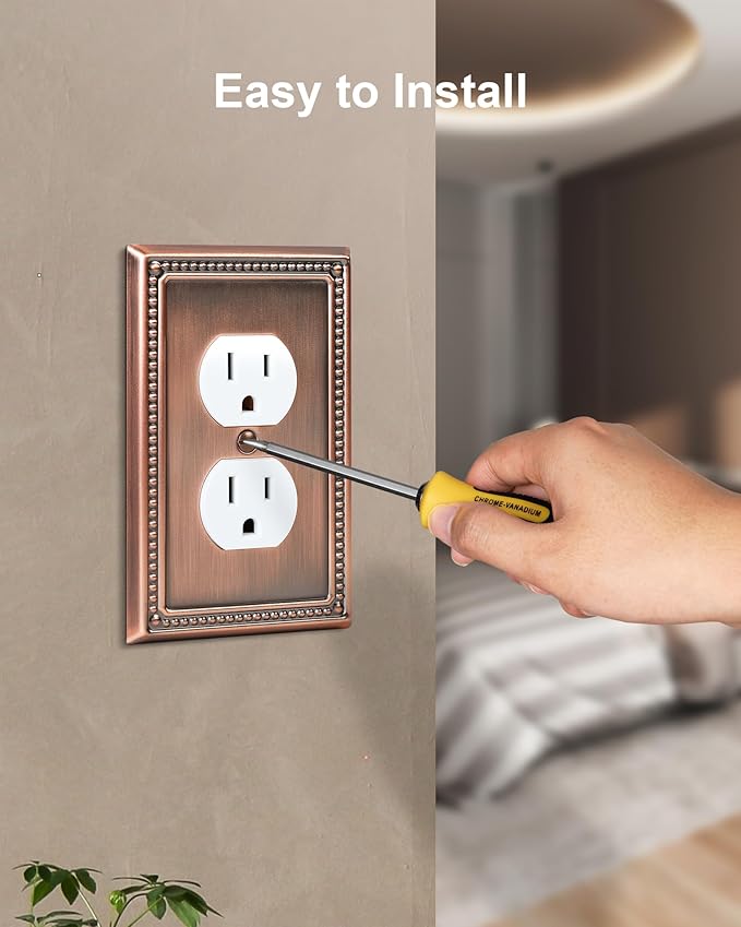 4-Pack Duplex Outlet Cover Plate, Antique Copper Metal Wall Plates for Electrical Outlets, 1 Gang Receptacle Cover, Pearls Decorative Switch Plates and Outlet Covers