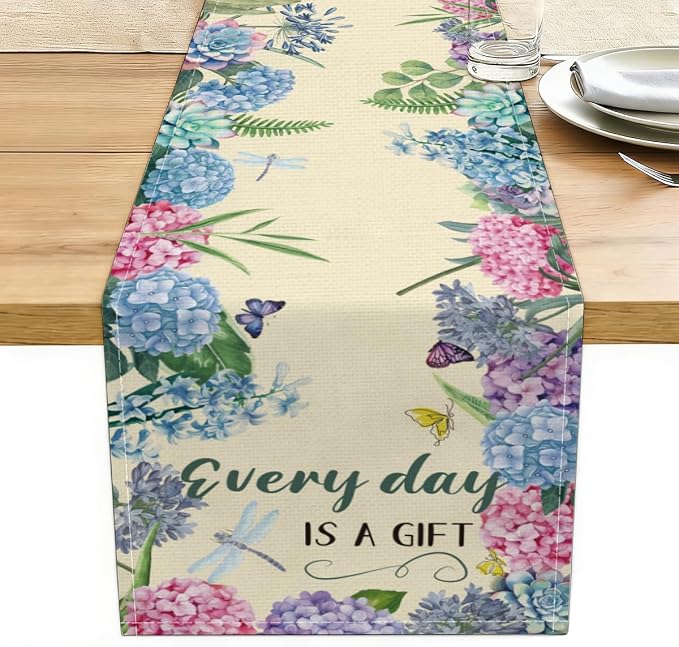 Every Day is A Gift Dragonfly Hydrangea Spring Table Runner 13x72 Inch | by Unknown