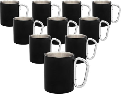 DISCOUNT PROMOS Stainless Steel Mugs with Carabiner Handle 10 oz. Set of 10, Bulk Pack - Perfect for Coffee, Soda, Other Hot & Cold Beverages - Black
