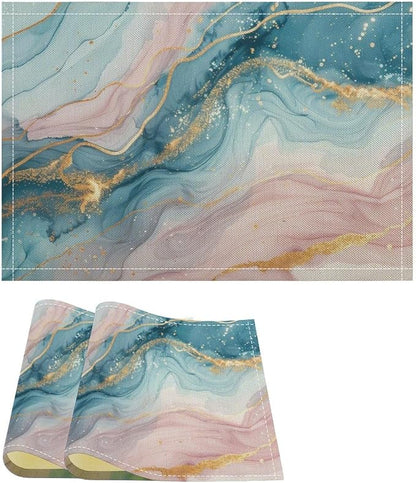 Marble Linen Place Mats Set of 2, 12x17 Inch Modern Luxury Foil Texture Pink Blue Gold Marble Washable Fabric Non-Slip Placemats for Home Dining Table Banquets Party Kitchen Decoration