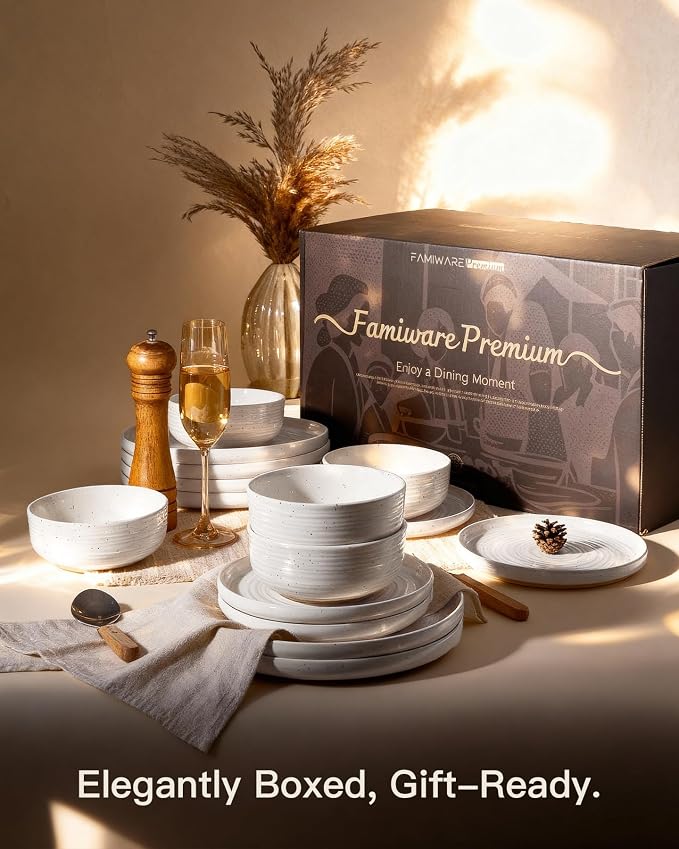 Stoneware Dinnerware Set for 8, Coupe Plates & Bowls, 24-Piece Speckled Spiral - Image 8