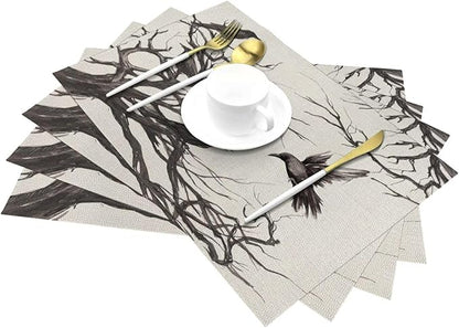 Halloween Placemats 12x18 Inches Set of 4,Black Crows Decorative Rectangle Autumn Halloween Decoration Fall Linen Black Table Mats for Party,Home Kitchen,Dining Table Decorn