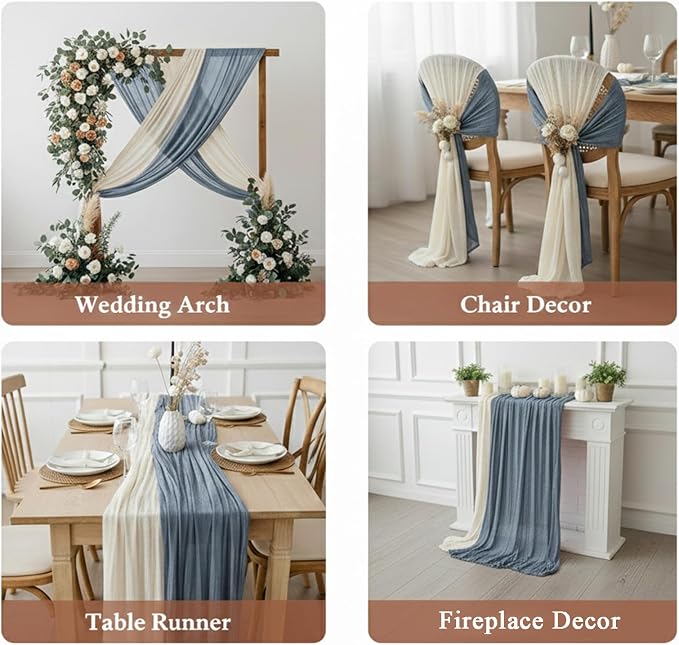 Cheesecloth Table Runner 2 Pack White and Dusty Blue, Boho Gauze Table Runner - Image 5