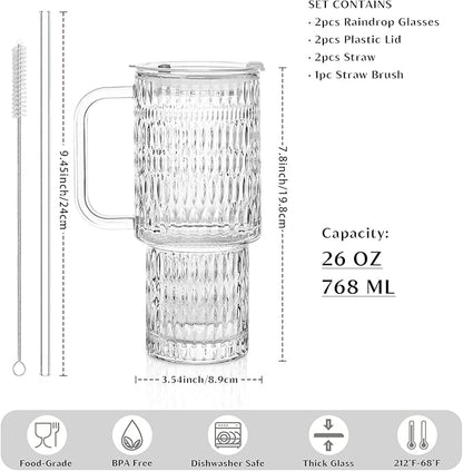 INSETLAN 26oz Raindrop Glass Tumbler with Handle and Lid, Set of 2 – Reusable Iced Coffee Cups with Lids, Clear Glass Cups with Straw for Coffee, Smoothies, Tea, Juice – Perfect for any Occasion