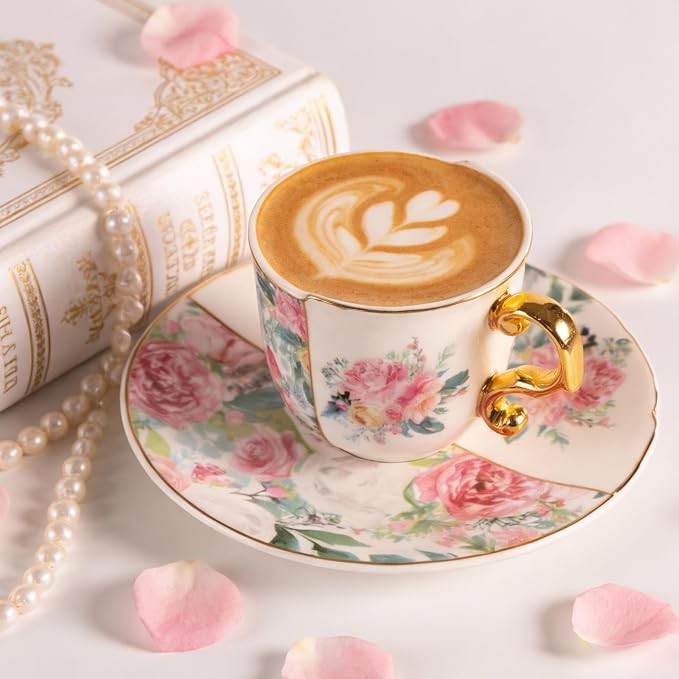 KAMMAK Tea Cups and Saucers Set of 2, 4 oz Porcelain Coffee Cups, YX013 | - Image 5