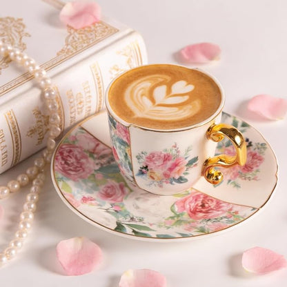KAMMAK Tea Cups and Saucers Set of 2, 4 oz Porcelain Coffee Cups, YX013 | - Image 5