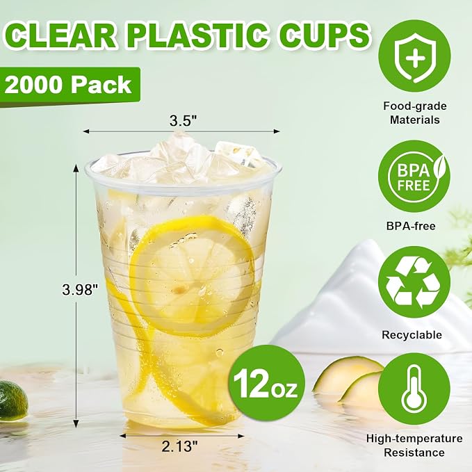 SIUQ 2000 Pack 12 oz Clear Plastic Cups, Bulk Disposable Water Cups | Cold - Image 3