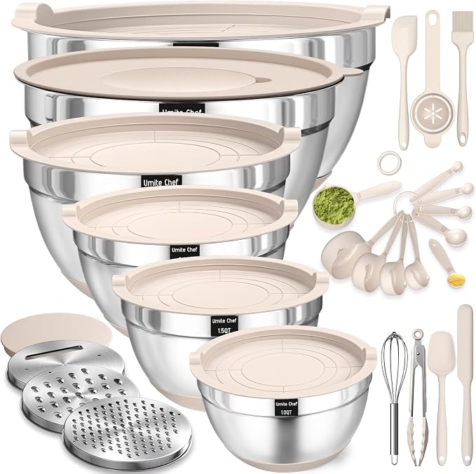 Mixing Bowls with Airtight Lids Set, Non-Slip Bottoms & Kitchen Gadgets Set by UmiteChef