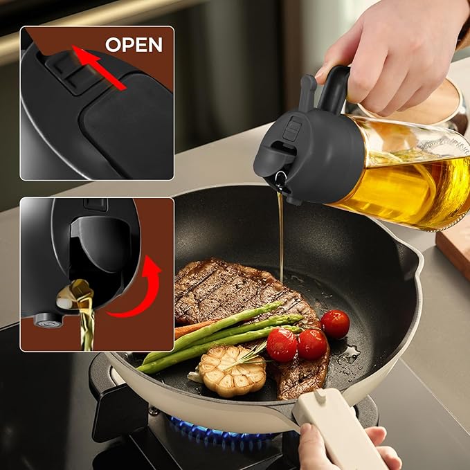 YARRAMATE 4Pcs 16oz/470ml Glass Olive Oil Sprayer Set with Stickers, Kitchen Gadgets, Including 2Pcs Non-Slip Bottle Mat, Cleaning Brush-Aesthetic Ideal Kitchen Gift