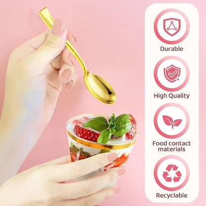 Jinei 50 Sets 9 oz Plastic Dessert Cups with Dome Lids Spoons Gold Rimmed Clear Disposable Plastic Fruit Cups with Lids for Yogurt Parfait Pudding Cupcake Ice Cream Party Wedding Reception