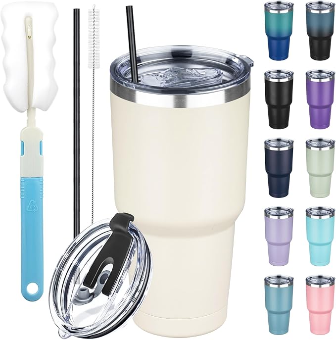 30 oz Tumbler with Lids and Straws, Stainless Steel Insulated Coffee Tumbler by GUDEMAO