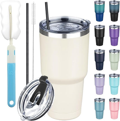 30 oz Tumbler with Lids and Straws, Stainless Steel Insulated Coffee Tumbler by GUDEMAO