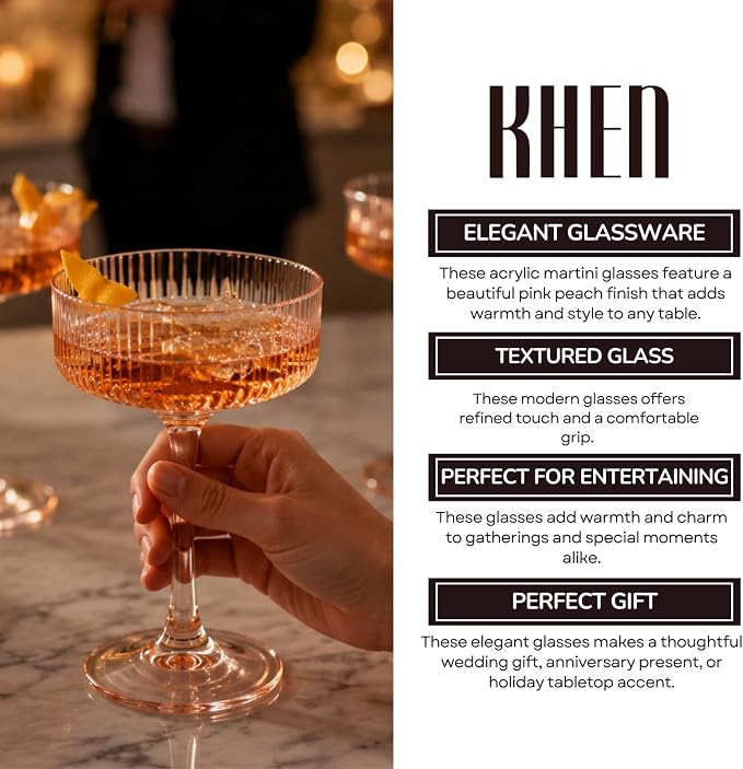 Khen Pink Peach Acrylic Ribbed Coupe Martini Champagne Cocktail Glasses - Image 5