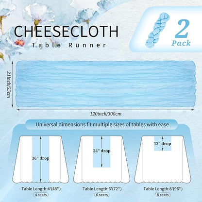 Showgeous 2 Pack Baby Blue Cheesecloth Table Runners Boho Wedding Decor | - Image 2