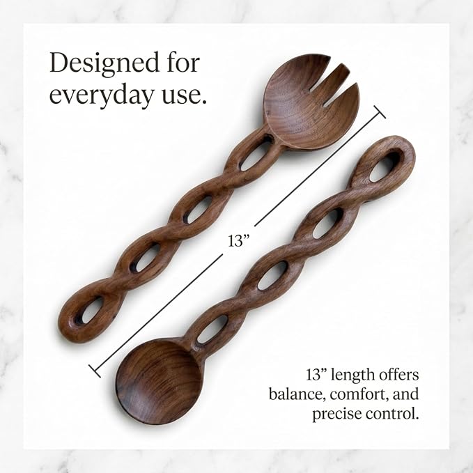 Salt & York 13-Inch Walnut Wood Salad Tongs, Handcrafted Wooden Serving Utensils - Image 8
