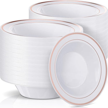 Jinei 150 Pieces 6 oz Plastic Bowls with Rim Small Disposable Soup Bowls for Dessert Salad Soup Candy Wedding Thanksgiving Catering Holidays Party Supplies (White,Rose Gold Rim)