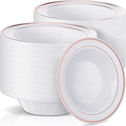 Jinei 150 Pieces 6 oz Plastic Bowls with Rim Small Disposable Soup Bowls for Dessert Salad Soup Candy Wedding Thanksgiving Catering Holidays Party Supplies (White,Rose Gold Rim)