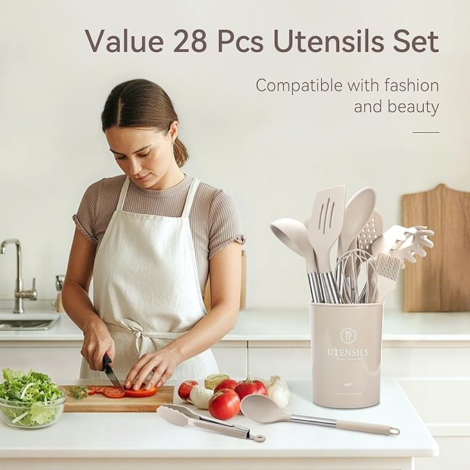 Silicone Kitchen Utensils Set, 28 Pcs Cooking Utensils Set 446°F Heat Resistant Spatula Set, Food Grade Silicone and Stainless Steel Handle Kitchen Gadgets for Nonstick Cookware BPA Free