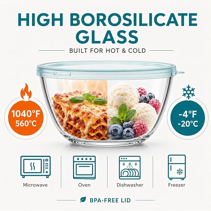 Luvan Glass Mixing Bowls with Lids Set-Large Glass Mixing Bowls, Food Prep - Image 3