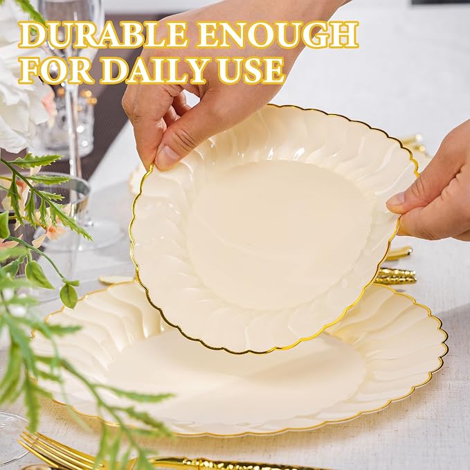 Lullaby 60PCS Light Yellow Scalloped Plastic Plates - Image 6