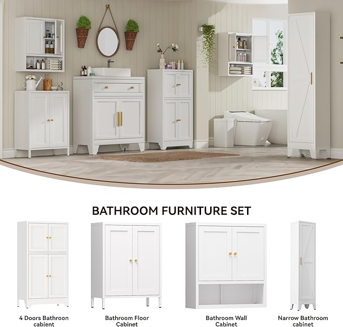 Narrow Metal Cabinet with 4 Adjustable Shelves and Barn Doors,Tall Bathroom Storage Cabinet, Metal Pantry Organizer for Kitchen,Home Office, Dining Room,White