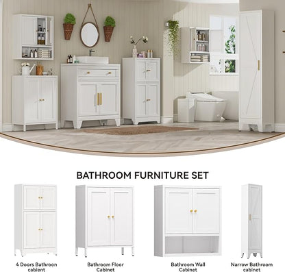 Narrow Metal Cabinet with 4 Adjustable Shelves and Barn Doors,Tall Bathroom Storage Cabinet, Metal Pantry Organizer for Kitchen,Home Office, Dining Room,White