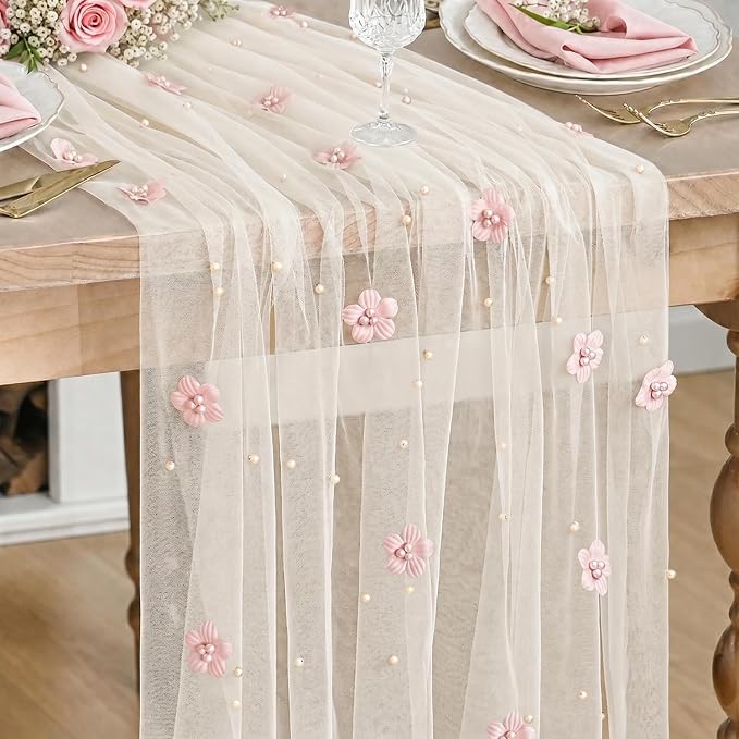 Artoid Mode Pink Flower Pearl White Gauze Table Runner 10FT, Seasonal Sheer by ArtoidMode