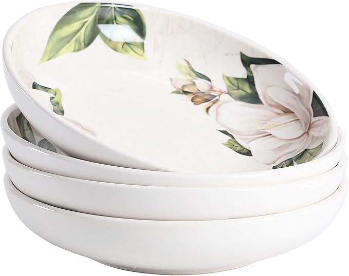 Bico Magnolia Floral Pasta Bowls, 35oz Salad Bowl Set of 4, Large Ceramic by Bico