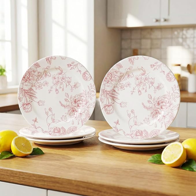 Honeydak 6 Pcs 6 Inch Pink Floral Flower Ceramic Plates Pink and White - Image 2