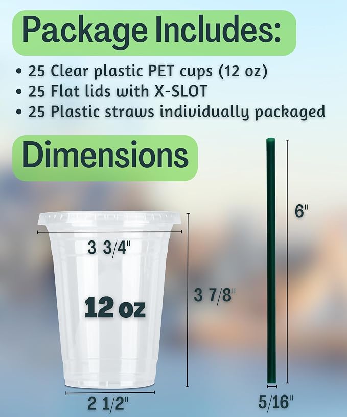 12 oz Clear Plastic Cups with Lids and STRAWS, Disposable Drinking Cups - Image 3