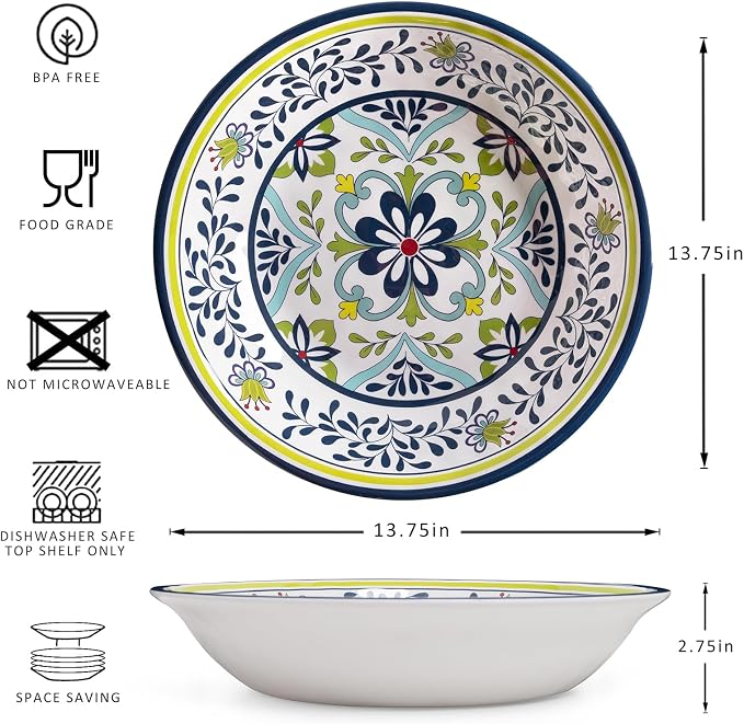 Talavera Melamine Large Serving Bowl, 13.75" x 2.75" Mixing, Pasta Serving - Image 5