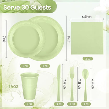 Kochorie 240 Pieces Sage Green Plastic Dinnerware Set Disposable Heavy Duty Plates Napkins Cups Silverware Dessert Dinner Plates for Birthday Wedding Baby Shower Party Supplies, Serves 30 Guests