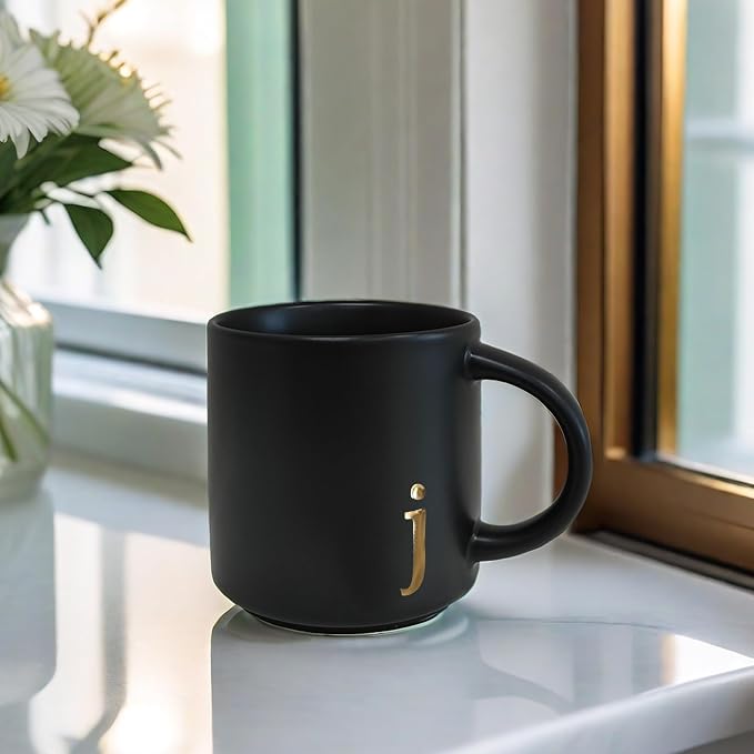 COLLECTIVE HOME Black Ceramic Coffee Mug, 15 oz Golden Monogram Tea Cup | - Image 6