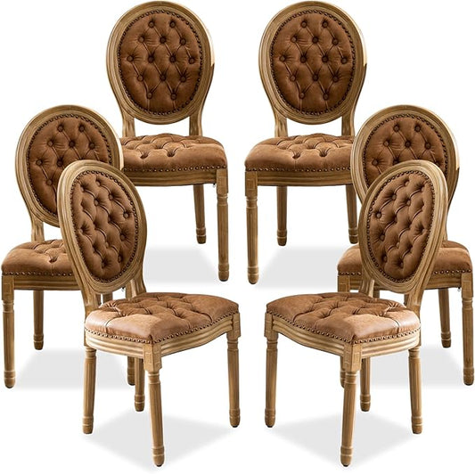 SoarFlash French Dining Chairs Set of 6, Vantage Dining Chair with Round Back, Farmhouse Country PU Leather Dining Chair for Kitchen,Bedroom,Orange
