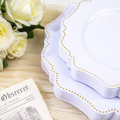 COLOSUS 60pcs Disposable Plastic Plates Set, Gold White Party Plates, 30pcs Dinner Plates and 30pcs Salad/Dessert Plates for Wedding, Party, Anniversary, Daily Use,New Year