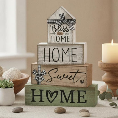 Moucuny 4 Pcs Wooden Farmhouse Table Decor Rustic Home Sweet Home Stacked - Image 8