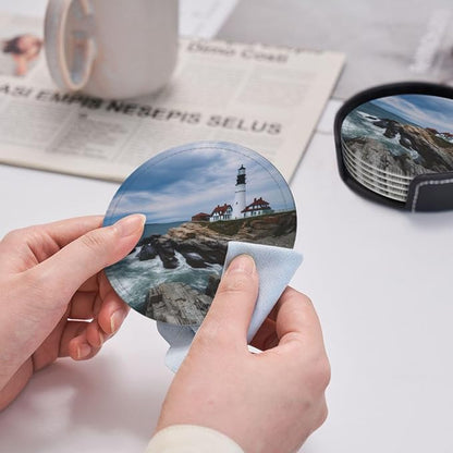 Lighthouse Beach Sky Leather Coasters Set of 6 - Image 5
