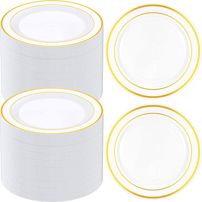 Sieral 200 Pieces Disposable Plates Plastic Party Plates with Rim Hard Plastic Appetizer Salad Dessert 7.5 Inch Elegant Heavy Duty Tableware for Dinner Wedding Party Supplies(Gold Rim)