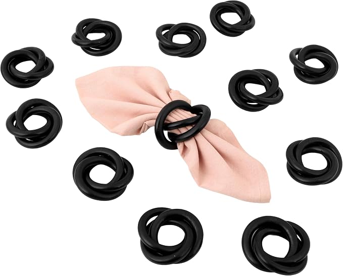 Triple-Ring Wood Napkin Rings, matte black finish, interlocked cuff style - Image 9