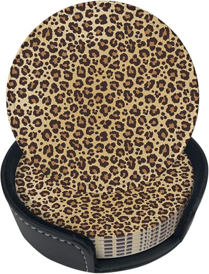 6 Pcs Animal Leopard Cheetah Print Brown Leather Coasters by NiuKom