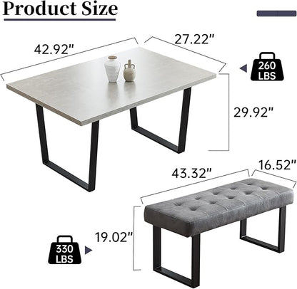 3 Piece Dining Table Set with Bench, 42.9 Inch Modern Kitchen Table with Right Seat Corner and 43.3 Inch Bench for Family Dining Room Furniture