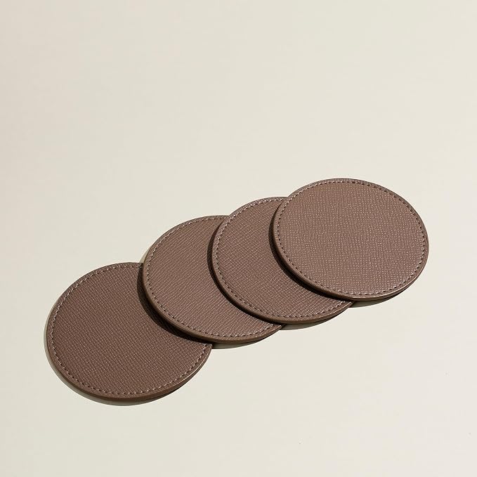 OLETHA Aesthetic Round Drink Coasters, Tan | Faux leather coasters by OLETHAD%C3%A9cor