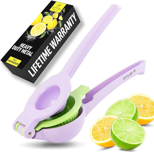 Zulay Kitchen Metal 2-in-1 Lemon Squeezer - Sturdy Max Extraction Hand Juicer Lemon Squeezer Gets Every Last Drop - Easy to Clean Manual Citrus Juicer - Easy-Use Lemon Juicer Squeezer - Purple/Lime