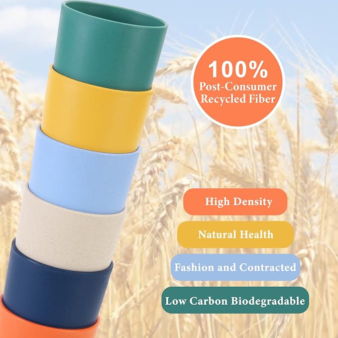 Mfacoy Wheat Straw Cups Set of 6, 20 oz Unbreakable Reusable Stackable Tumbler - Image 3