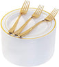 I00000 144 Small Plastic Dessert Plates Set Include 72 Pcs Gold Dessert Plates 7.5" with 72 Pcs Forks 7.5",Disposable Cake Plate,Fancy White Gold Plastic Small Plates for Party