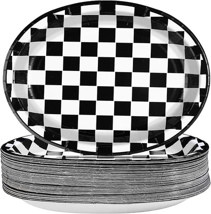 Grencian 50Pcs Black & White Gingham Oval Paper Plates Checkered Party Plates 10" X 12" Disposable 400GSM Race Car Dessert Dinnerware for Racing Car Party Supplies Birthday Baby Shower Decorations
