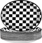 Grencian 50Pcs Black & White Gingham Oval Paper Plates Checkered Party Plates 10" X 12" Disposable 400GSM Race Car Dessert Dinnerware for Racing Car Party Supplies Birthday Baby Shower Decorations
