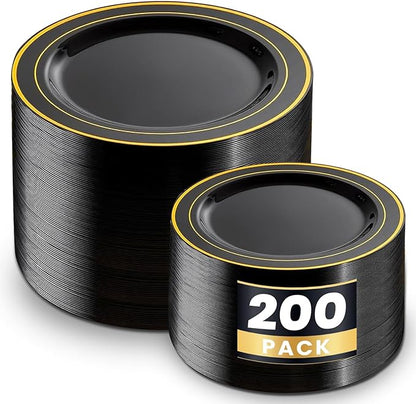 WDF 200PCS Black and Gold Plastic Plates - Black Plates Disposable for Party - Heavy Duty Plastic Plate for New Year